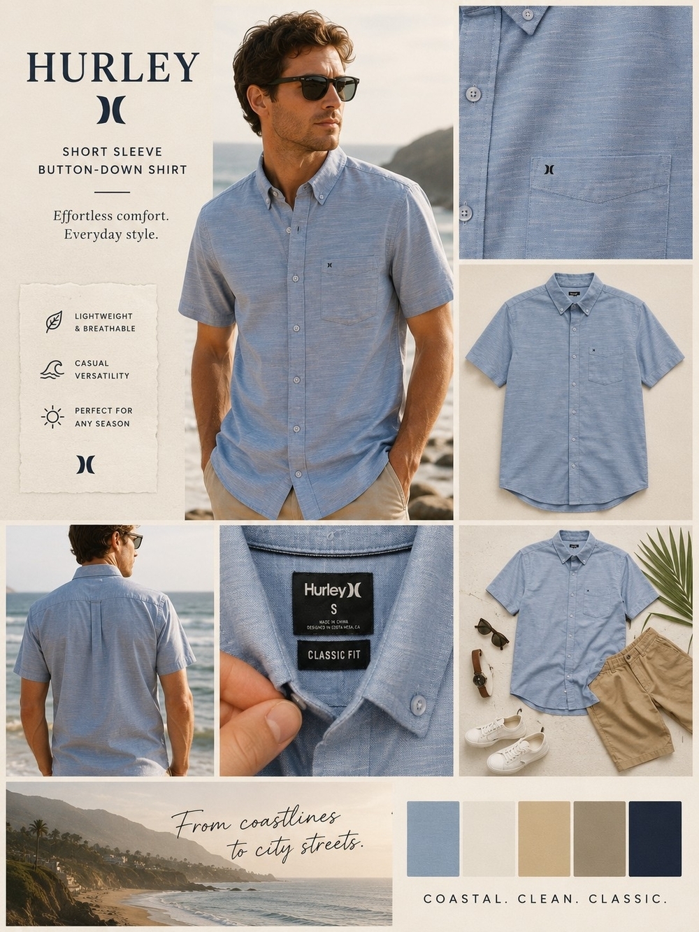Sz Small Hurley Men's Short Sleeve Button-Down Shirt in Light Blue